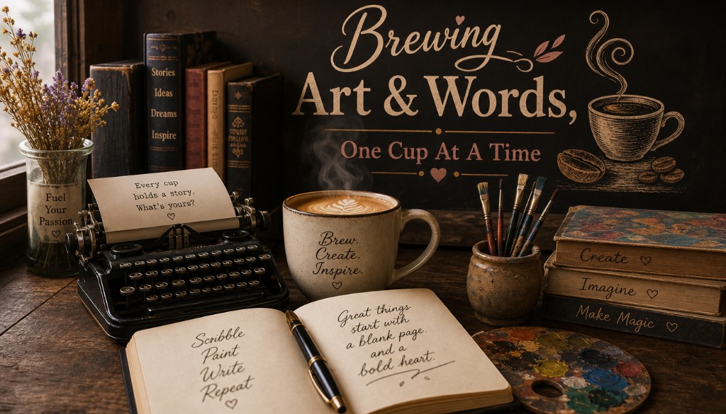 Brewing Art & Words, One Cup At A Time — a desk with typewriter, coffee, journal, and paint